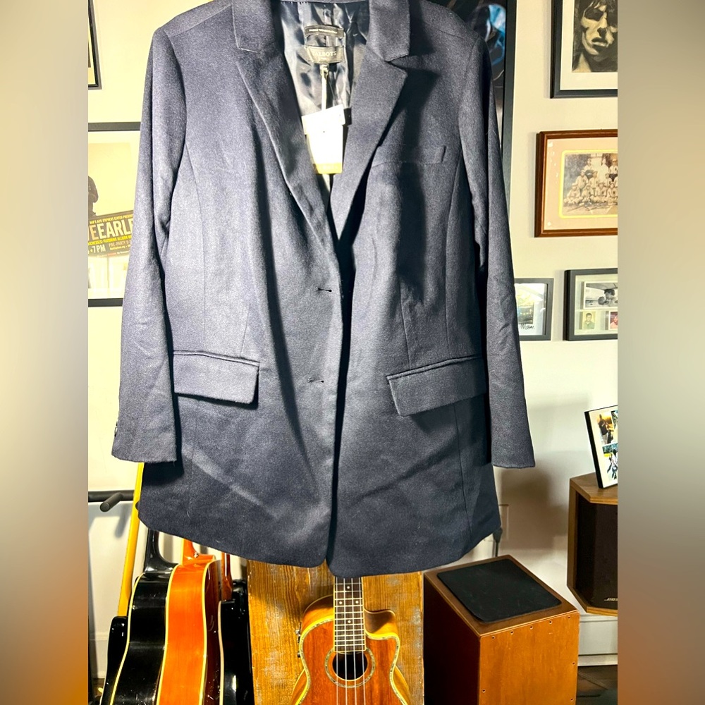 Talbots Brushed Italian Long Blazer, Navy Blue, Plus Size 18W, Wool Blend